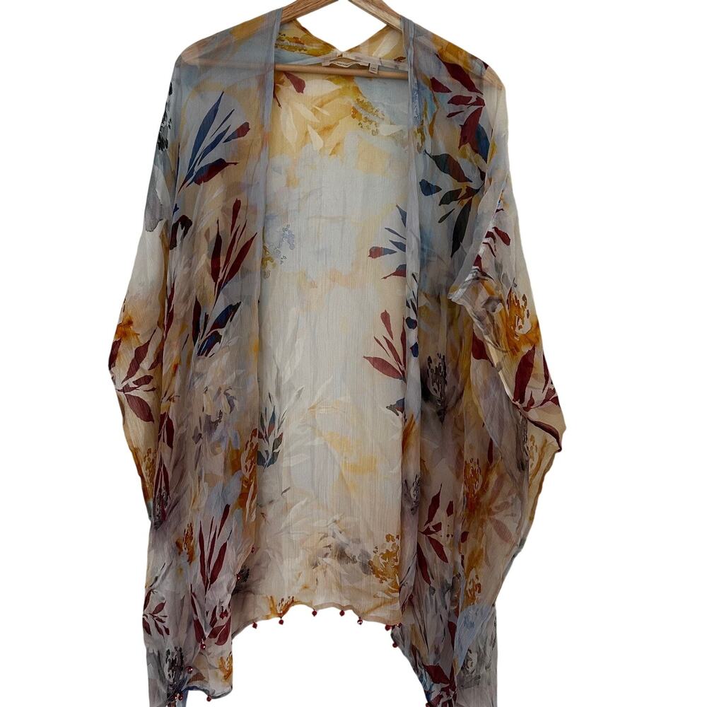 Soft Surroundings Cardigan Duster Sheer Kimono Floral Beaded Hem Boho Style - Picture 6 of 9